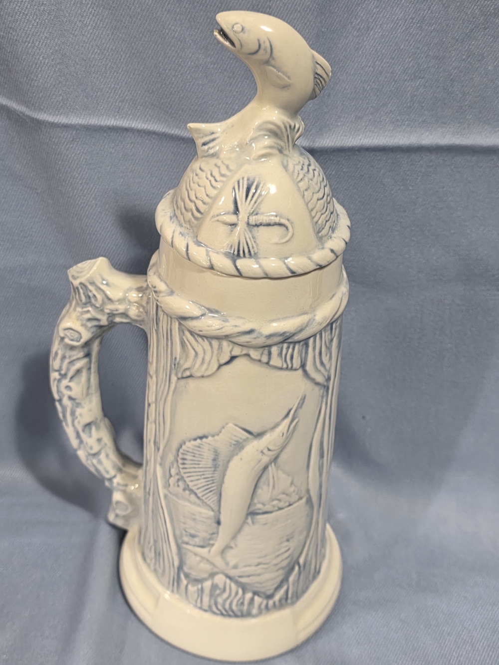 Vintage Hand-Painted Ceramic Fly Fishing & Sailfish Beer Stein (0.5 Liter)